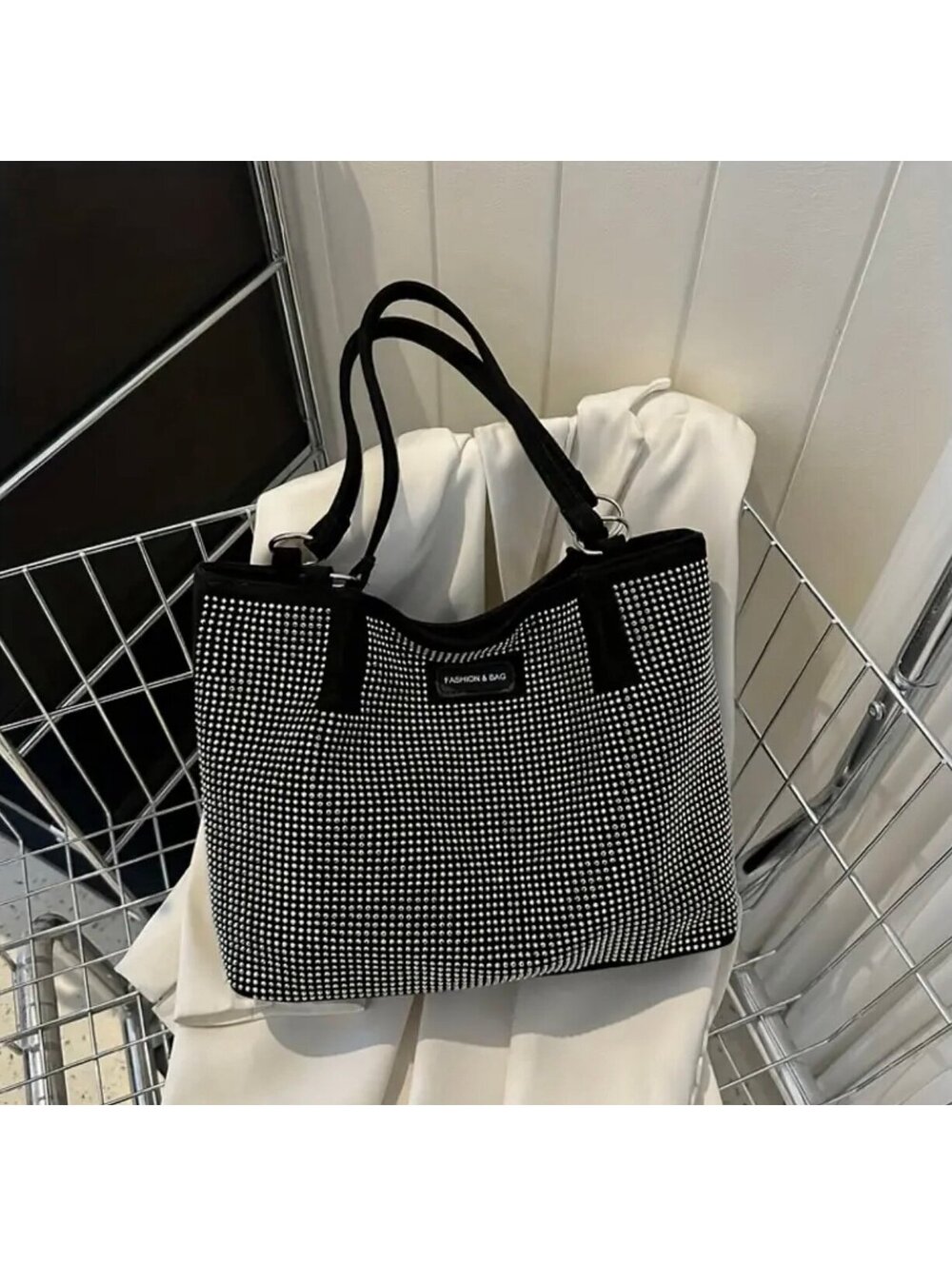 New - Gorgeous Rhinestone Embedded Shoulder Bag /Tote - Silver /Black